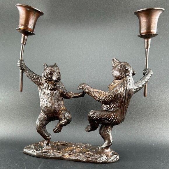 Dancing Bear Brass/Bronze Cast Metal Candlestick Mid Cent Mod 9.5"H x 9"W x 3"D - Picture 1 of 13